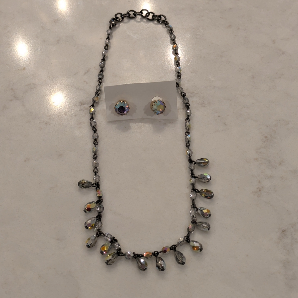 Vintage 1950's Aurora Borealis Crystal Necklace.Extremely Spsrkly W/Clips On Ear
